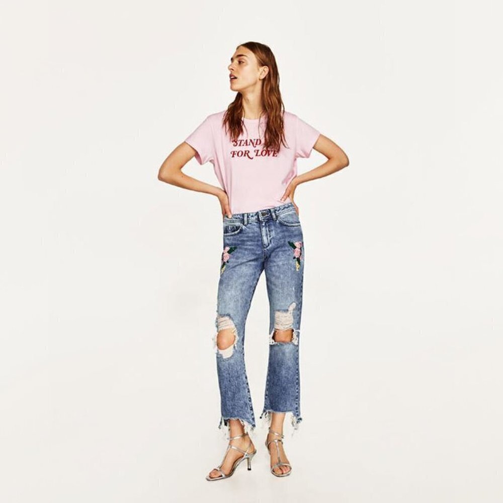 EUC Zara blue floral embroidered ripped denim jeans, 6
